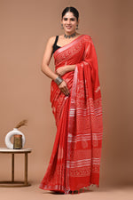 Linen block printed cotton saree