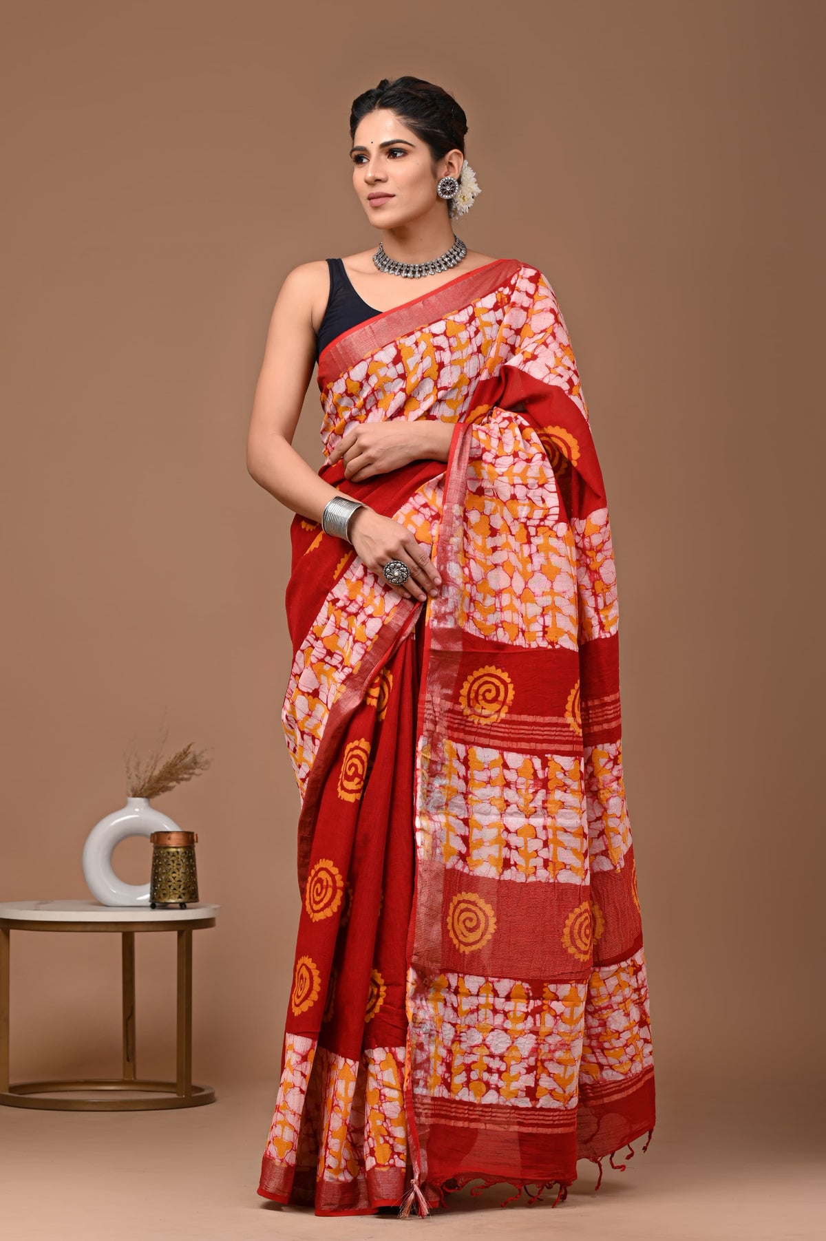 Linen block printed cotton saree
