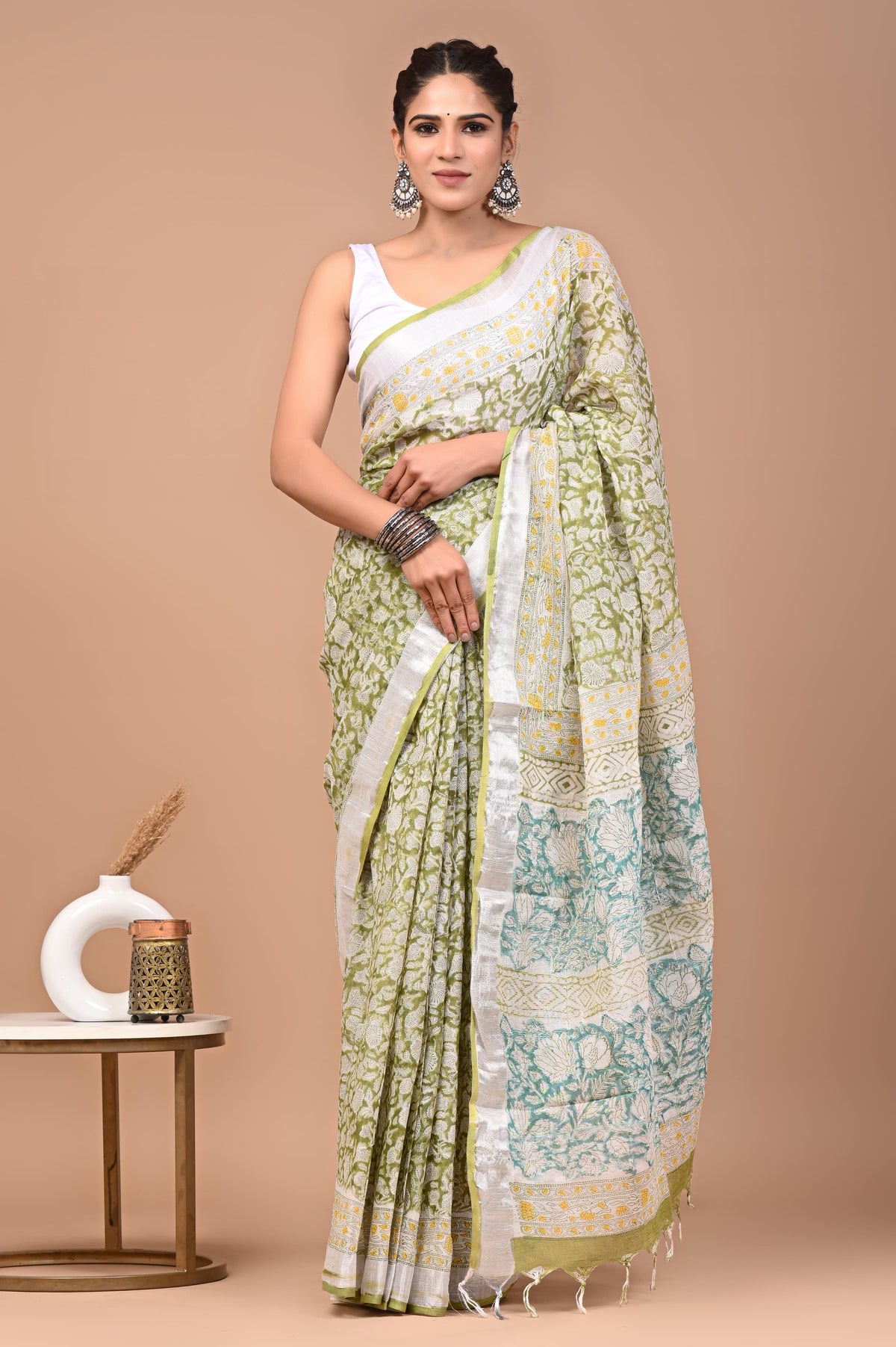 Linen block printed cotton saree