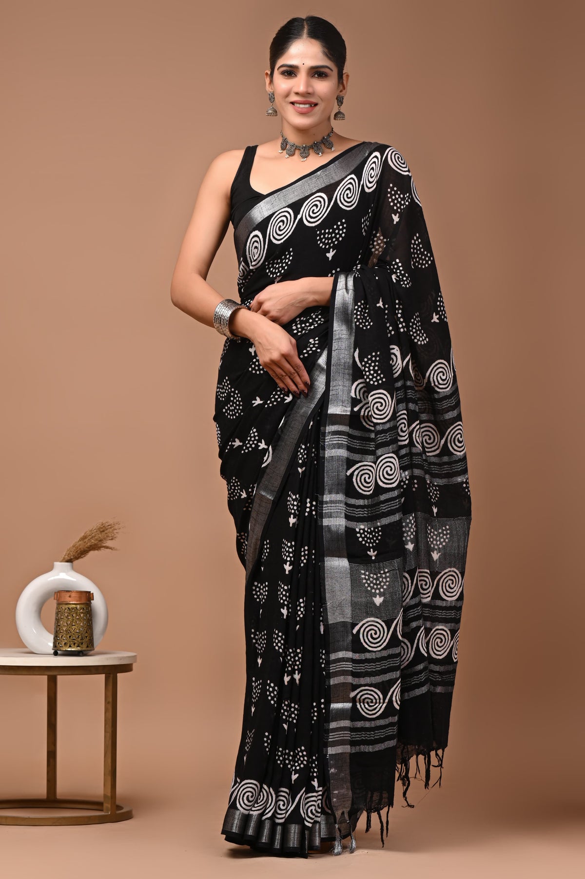 Linen block printed cotton saree