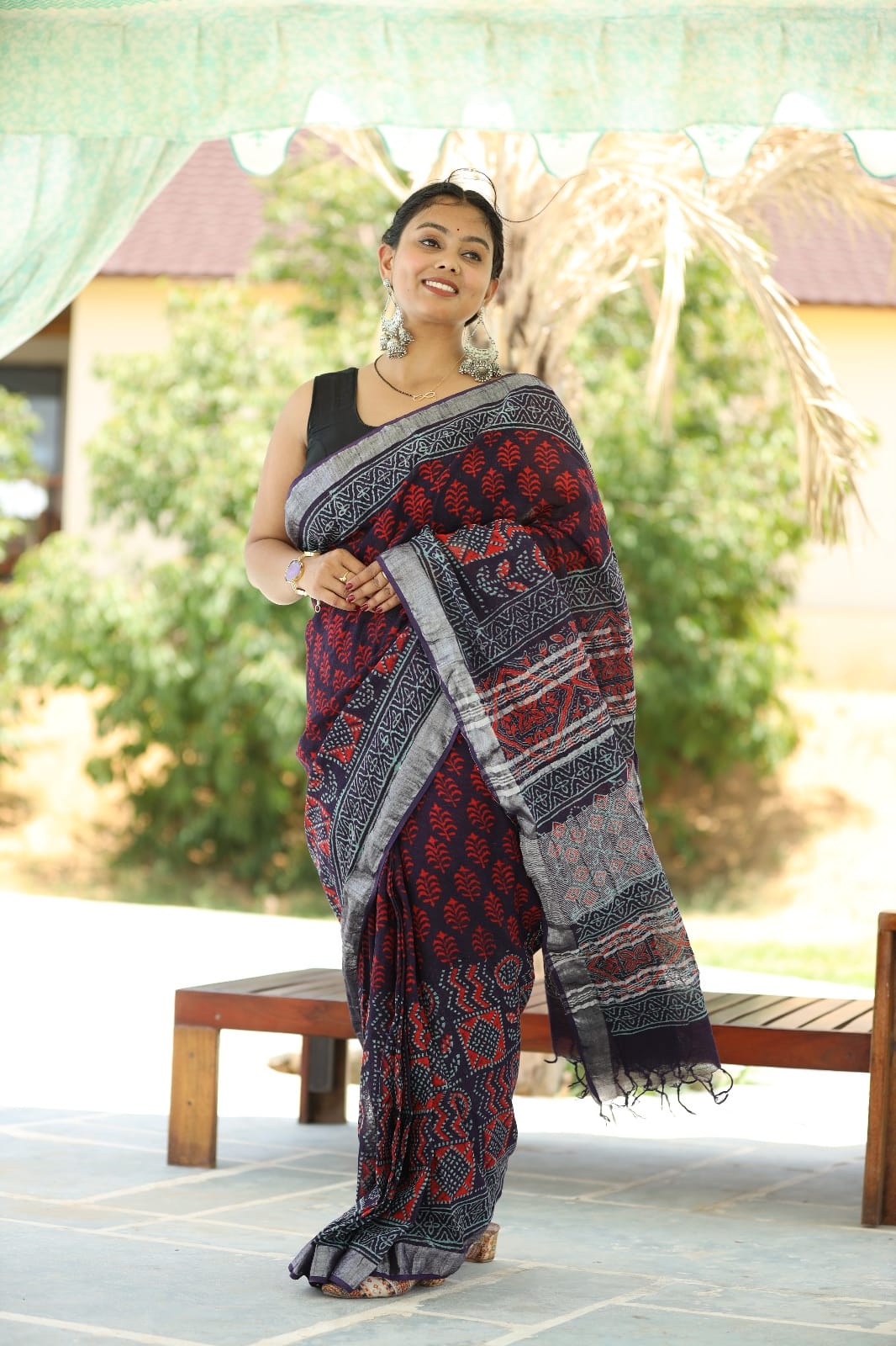 Linen block printed cotton saree