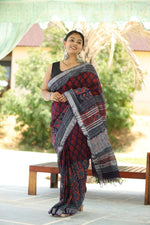 Linen block printed cotton saree