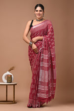 Linen block printed cotton saree