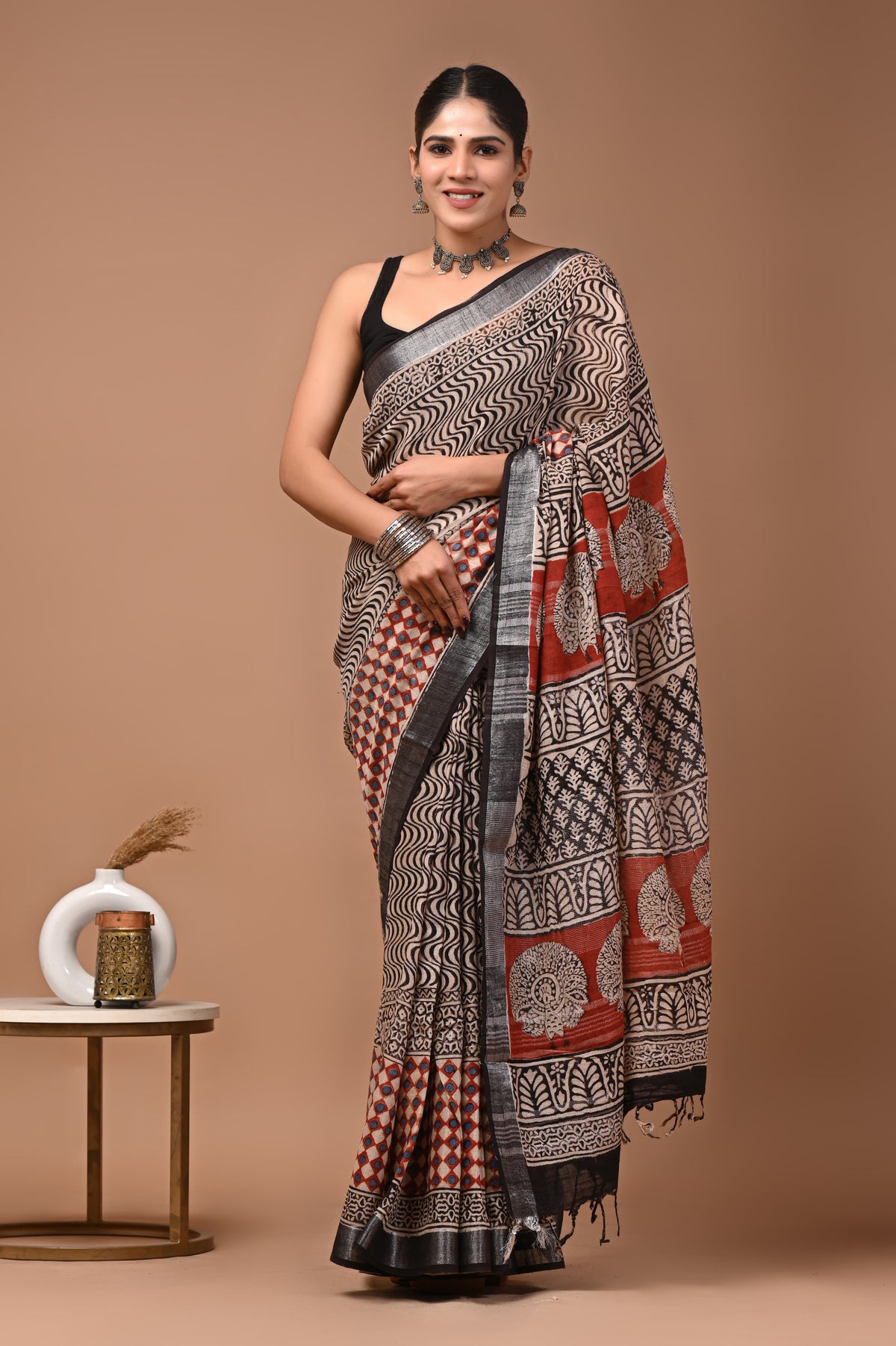 Linen block printed cotton saree