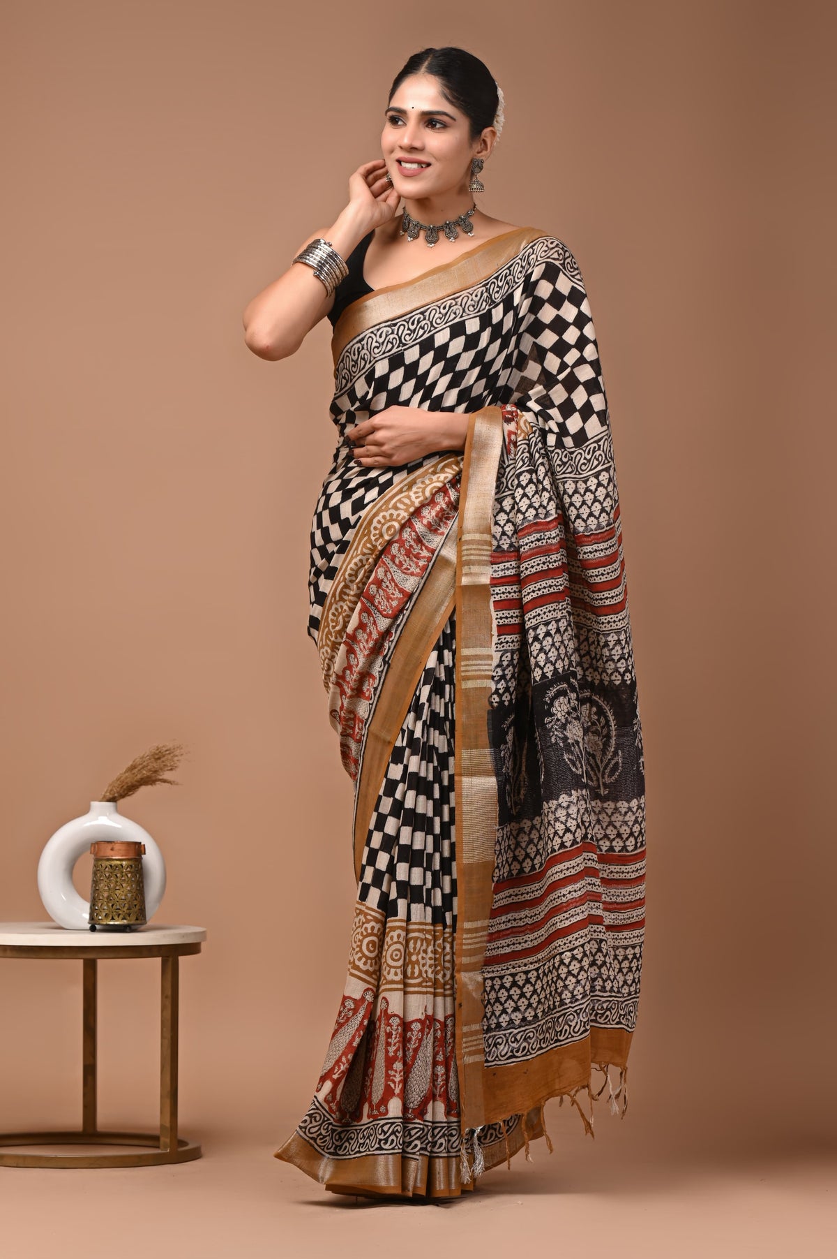 Linen block printed cotton saree