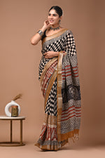 Linen block printed cotton saree