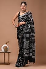 Linen block printed cotton saree