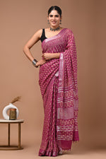 Linen block printed cotton saree
