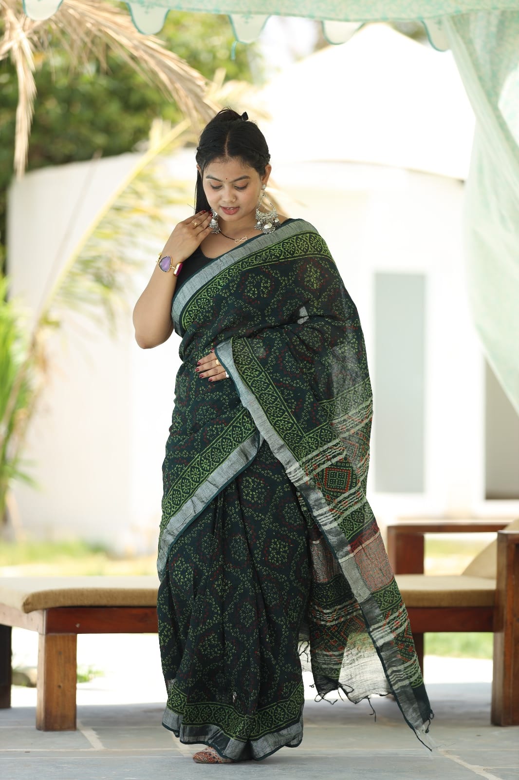 Linen block printed cotton saree
