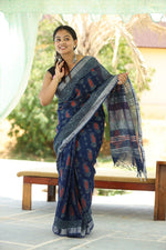 Linen block printed cotton saree