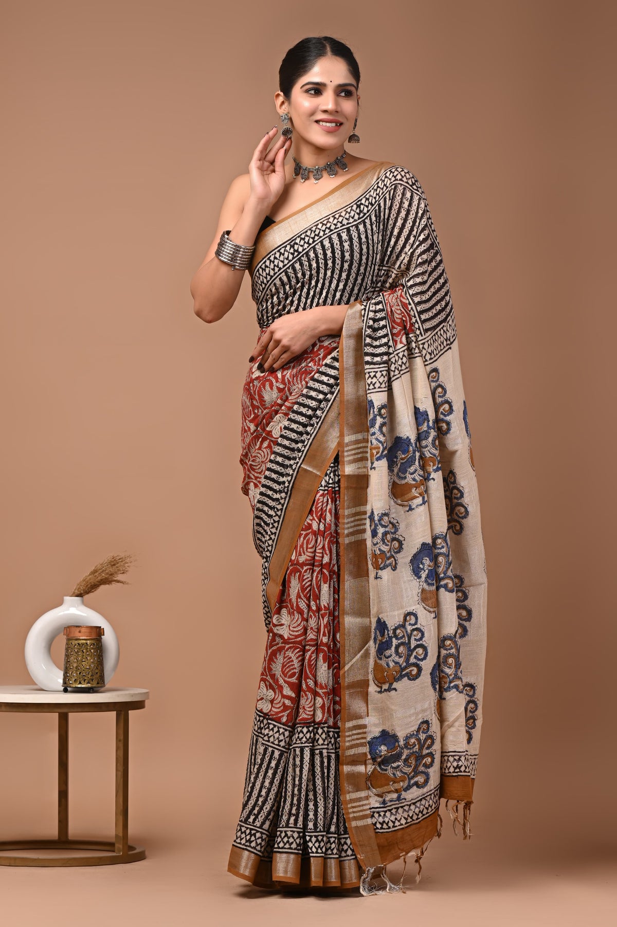 Linen block printed cotton saree