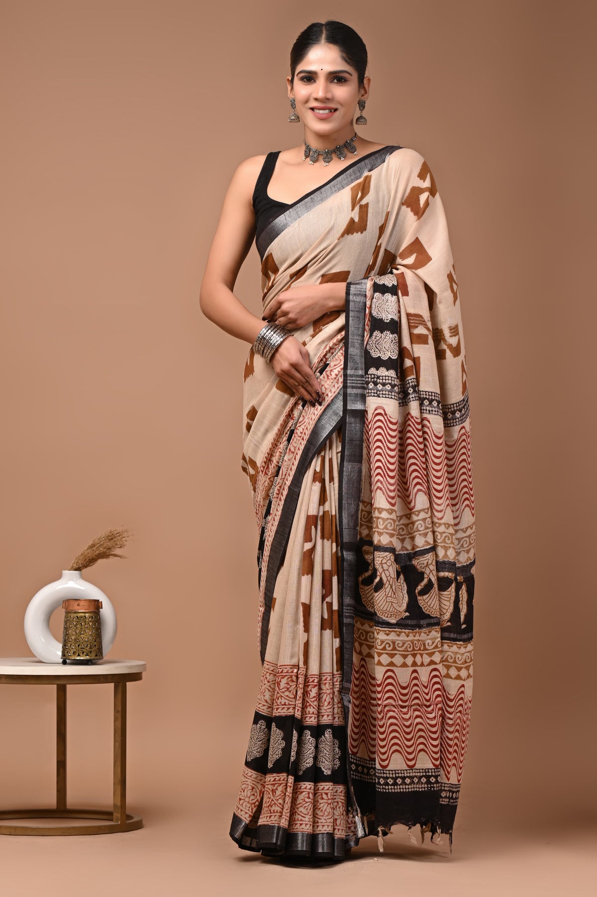 Linen block printed cotton saree