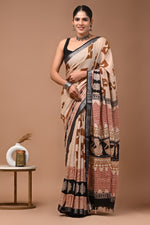 Linen block printed cotton saree