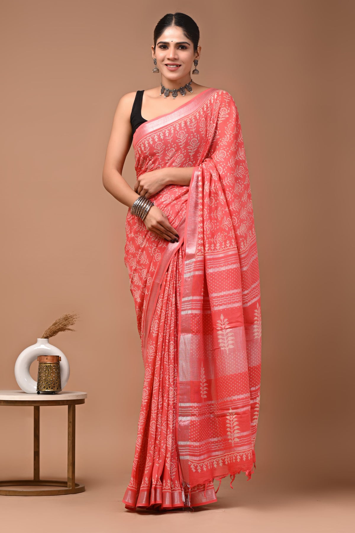 Linen block printed cotton saree