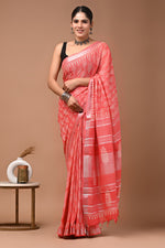 Linen block printed cotton saree