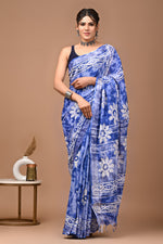 Linen block printed cotton saree