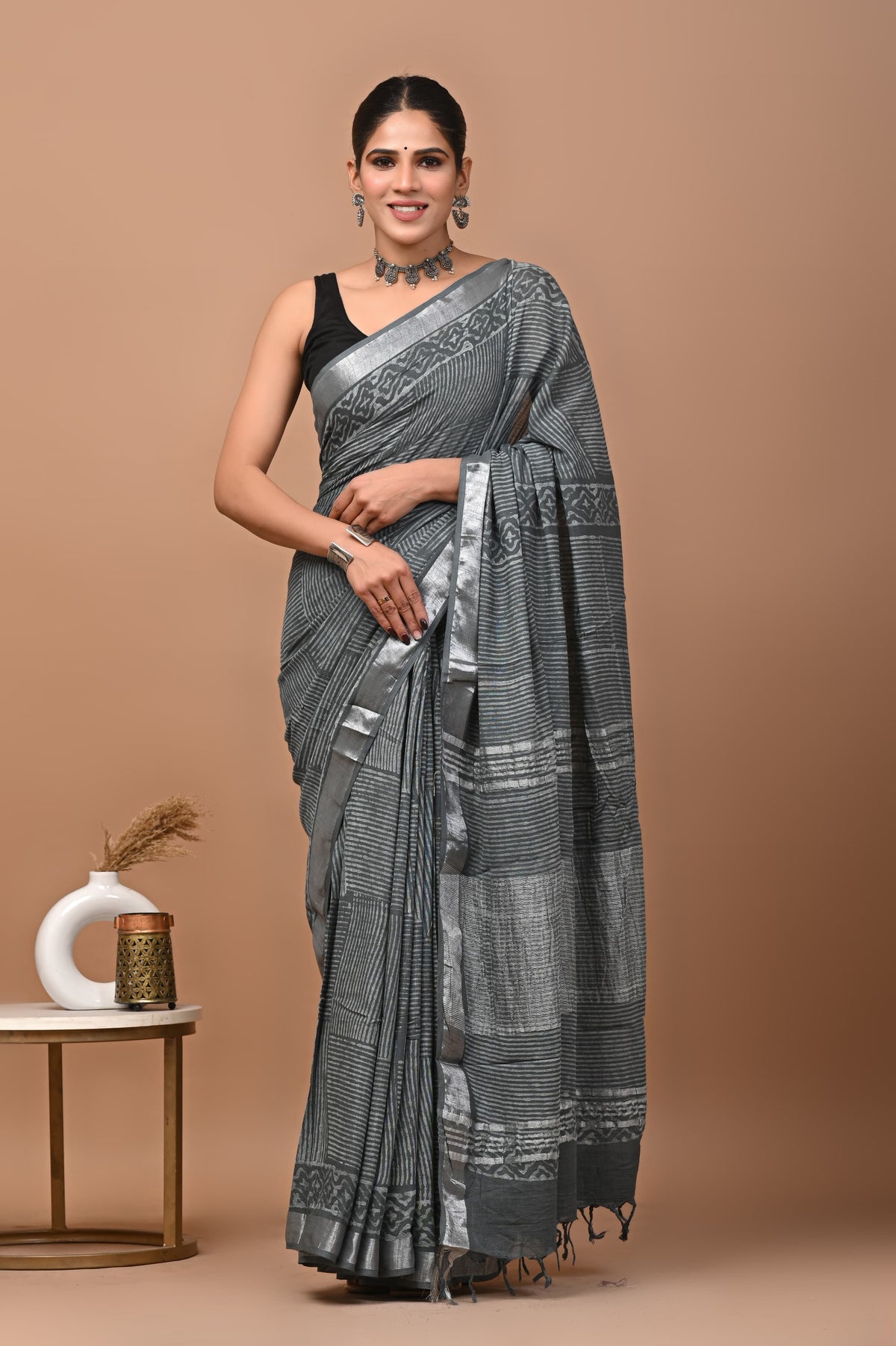 Linen block printed cotton saree