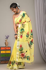 Linen block printed cotton saree